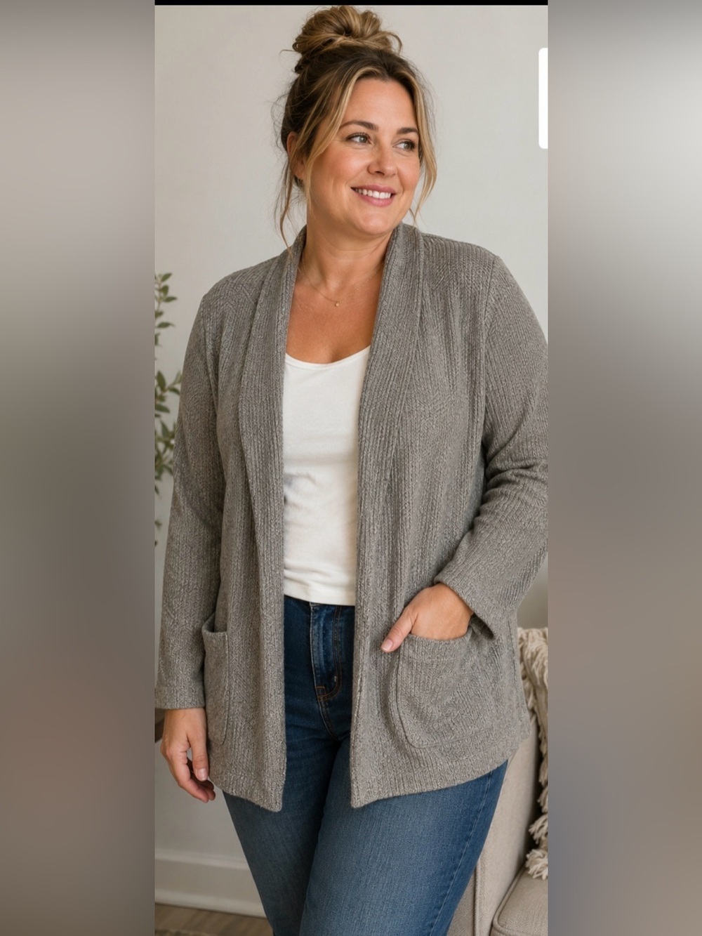 Altar’d State Casual Knit Blazer Open Front Gray Pockets Lightweight LRGE